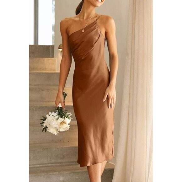 Pretty Garden One-Shoulder Midi Dress Brown Satin Size Medium Party Wedding Chic - Picture 1 of 9